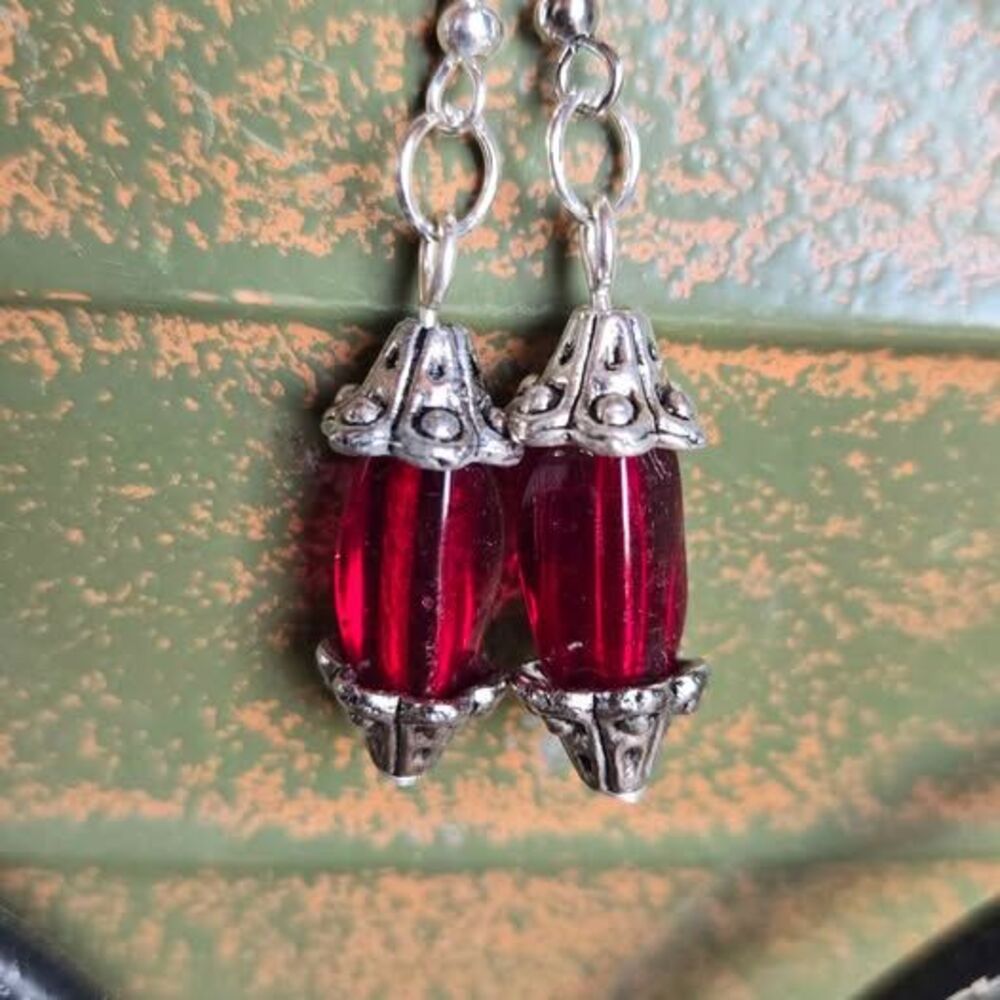 Ruby Red Glass Dangle Earrings | Silver Tone Bohemian Earrings 2 Pairs Available